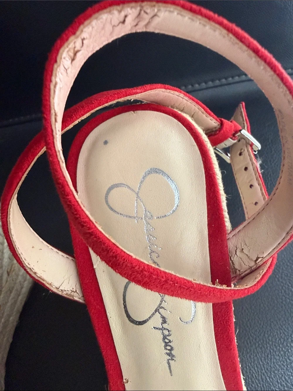 Jessica Simpson Red Suede Espadrille Wedge Sandals with Floral Clear Straps